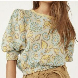 Free People Floral Puff Sleeve Blouse in Yellow, Blue, Beige